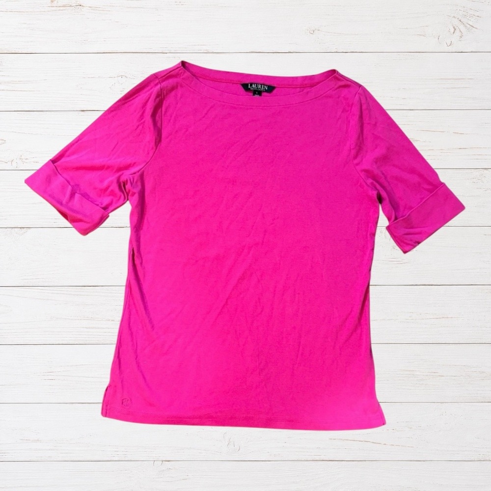 Lauren‎ Ralph Lauren Pink Boat Neck Elbow Sleeve Stretch Cotton Top Large